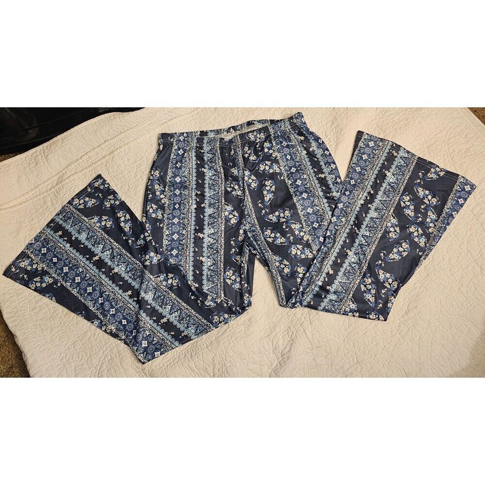 Blue & White Boho Festival Hippie Flare Pants Retro Stripe & Floral Print Sz XXL